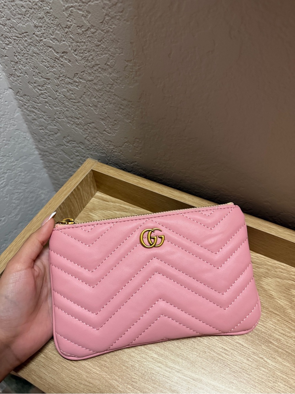 Designer Inspired Pink Chevron Quilted Leather Pouch